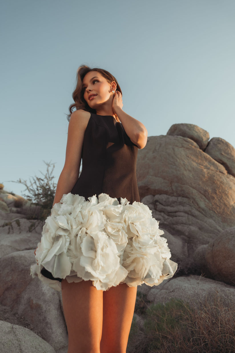 Homecoming Dresses Short Fitted 3D Floral Cocktail Mini Dress Black Cream