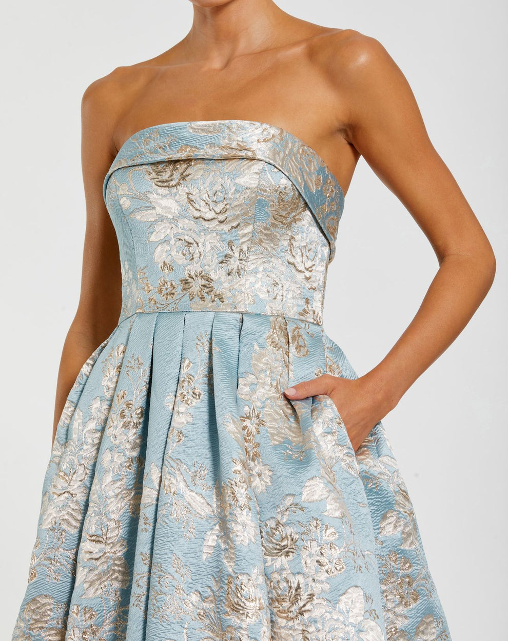 mac duggal one-shoulder bow floral brocade a-line maxi dress Mac Duggal Women's Floral Brocade A Line Gown - Blue - Size 14