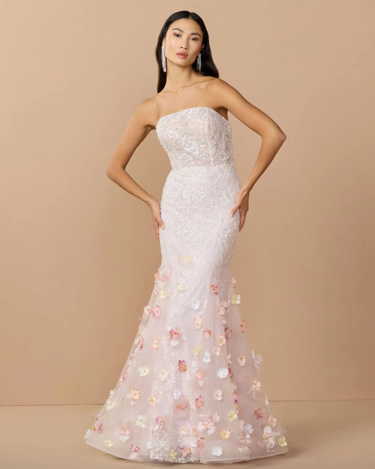 Strapless Mermaid Floral Applique Prom Dress by Mac Duggal 21147 in Blush Multi