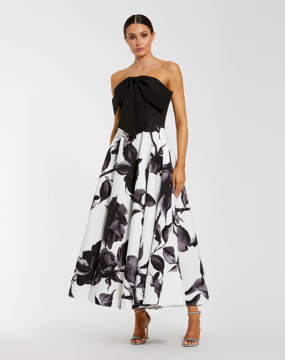 Mac Duggal Women's Crepe Printed Strapless Midi Dress With Bow - Black - Size 8