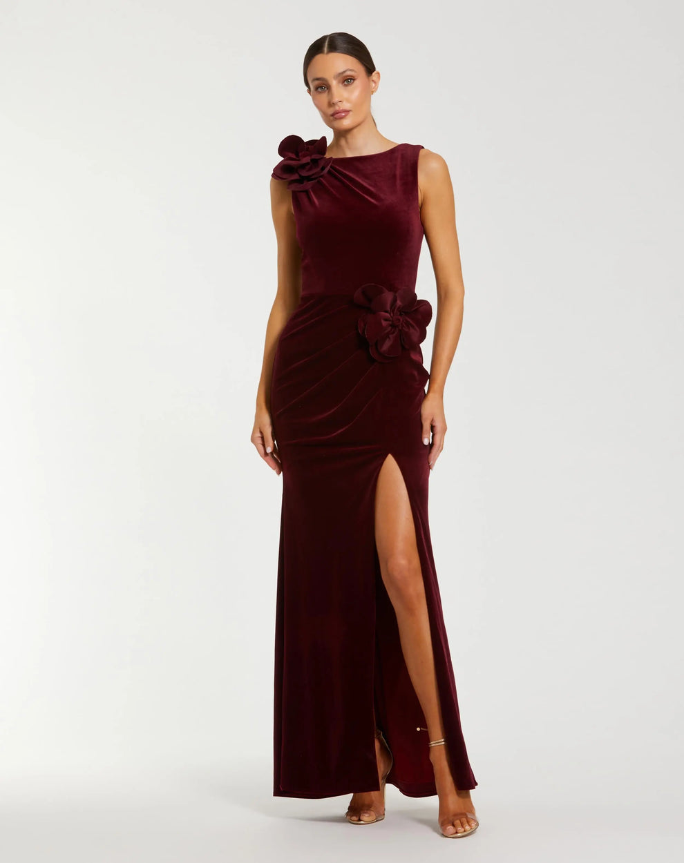 Formal Dresses Fitted Long Formal Slit Velvet Evening Gown Burgundy