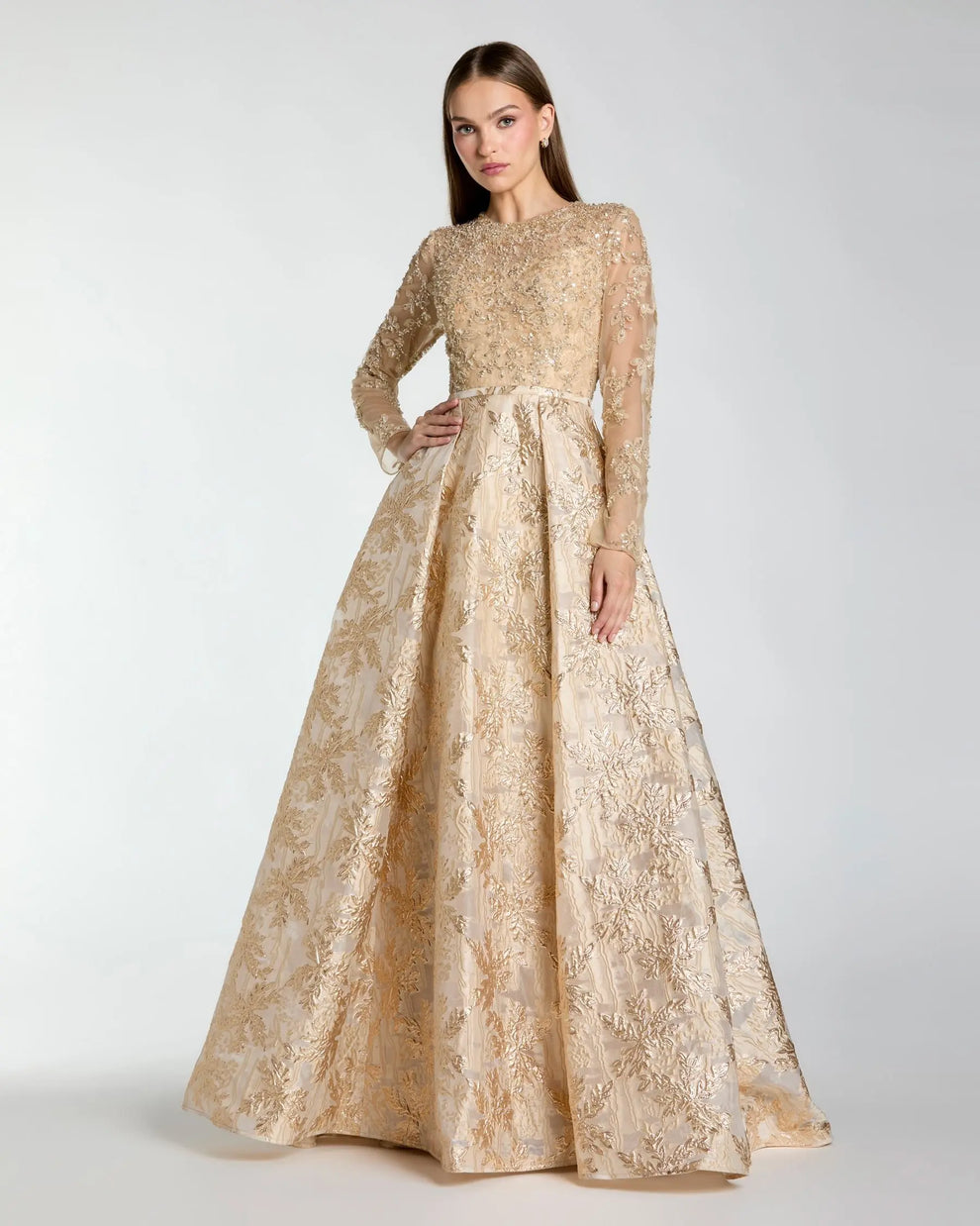Mother of the Bride Dresses Pleated Long Sleeve Formal Beaded Ball Gown Mother of the Bride Dress Mac Duggal 21181 Light Gold