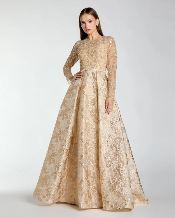 Pleated Long Sleeve Formal Beaded Ball Gown Mother of the Bride Dress Mac Duggal 21181