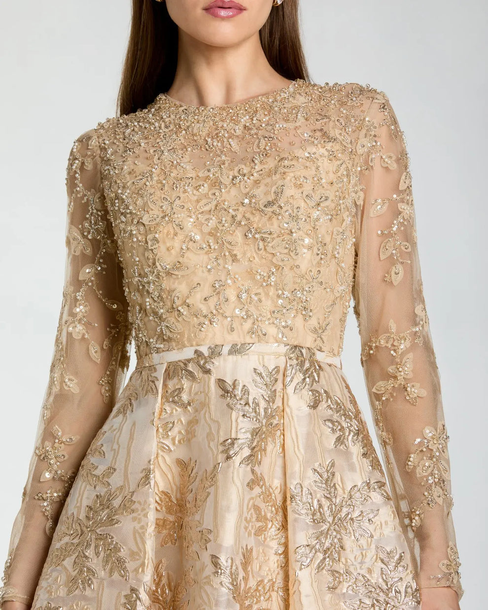 Mother of the Bride Dresses Pleated Long Sleeve Formal Beaded Ball Gown Mother of the Bride Dress Mac Duggal 21181 Light Gold