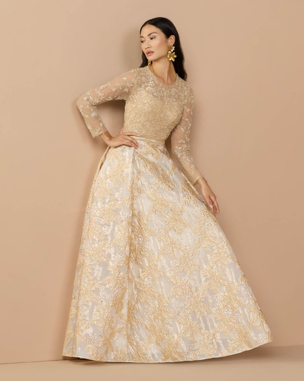 Mother of the Bride Dresses Pleated Long Sleeve Formal Beaded Ball Gown Mother of the Bride Dress Mac Duggal 21181 Light Gold