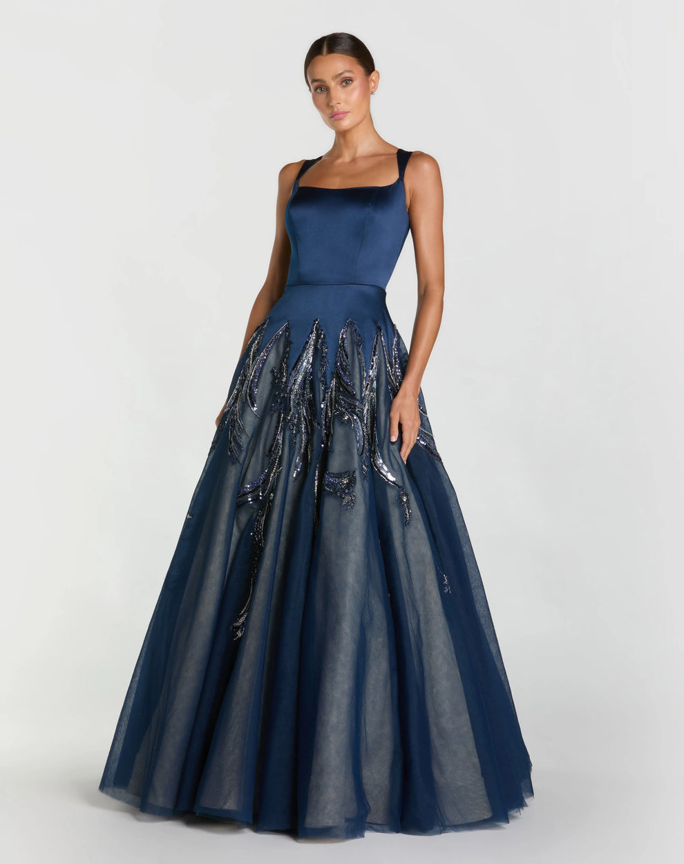 Midnight Square Neck Floor-Length Satin Tulle Formal Ball Gown with Beads and Sequins Mac Duggal 21190