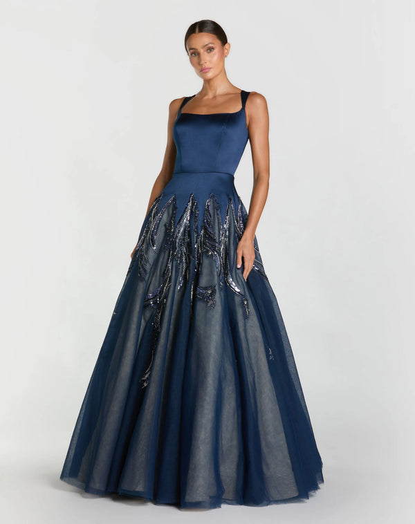 Square Neck Floor-Length Satin Tulle Formal Ball Gown with Beads and Sequins Mac Duggal 21190