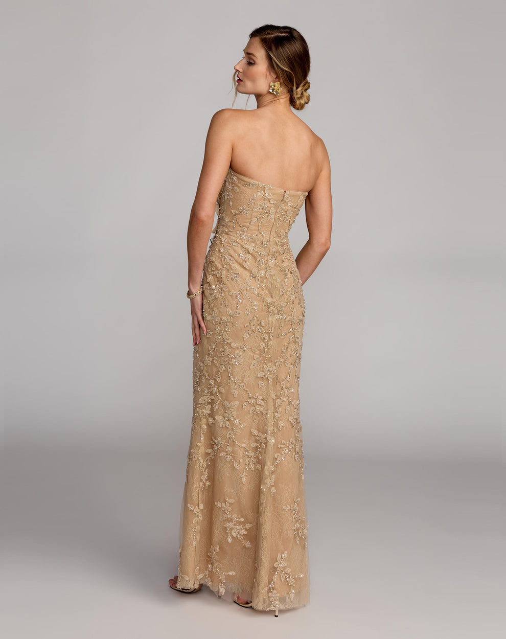 Prom Dresses Long Formal Sequin Beaded 3D Floral Prom Dress Gold