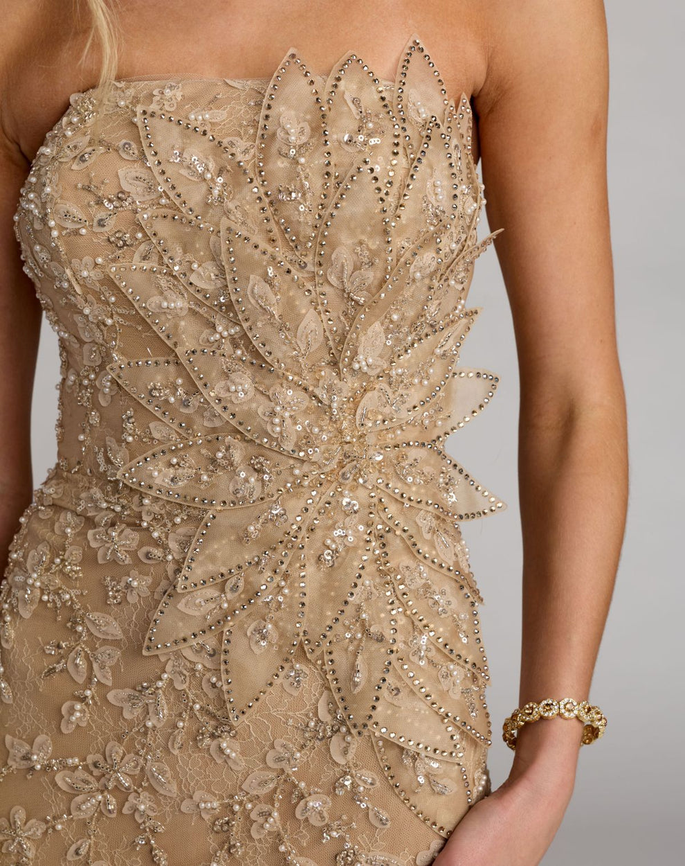 Prom Dresses Long Formal Sequin Beaded 3D Floral Prom Dress Gold