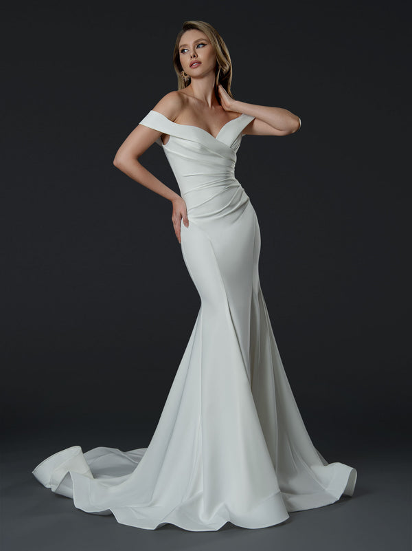 Long Pleated Mermaid Wedding Dress