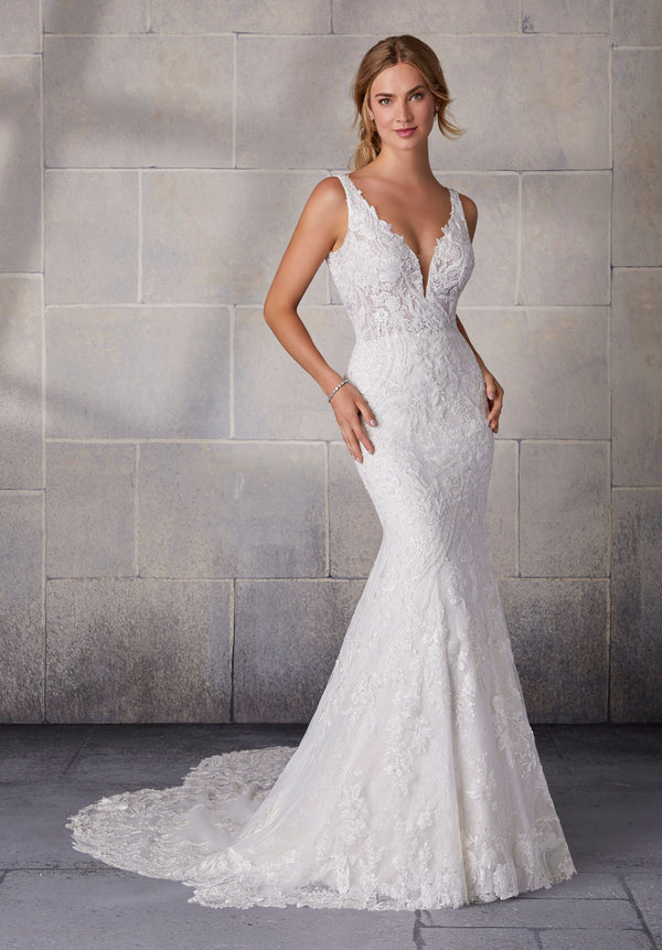 Long Bridal Lace Mermaid Wedding Dress MGNY Madeline Gardner New York 2123