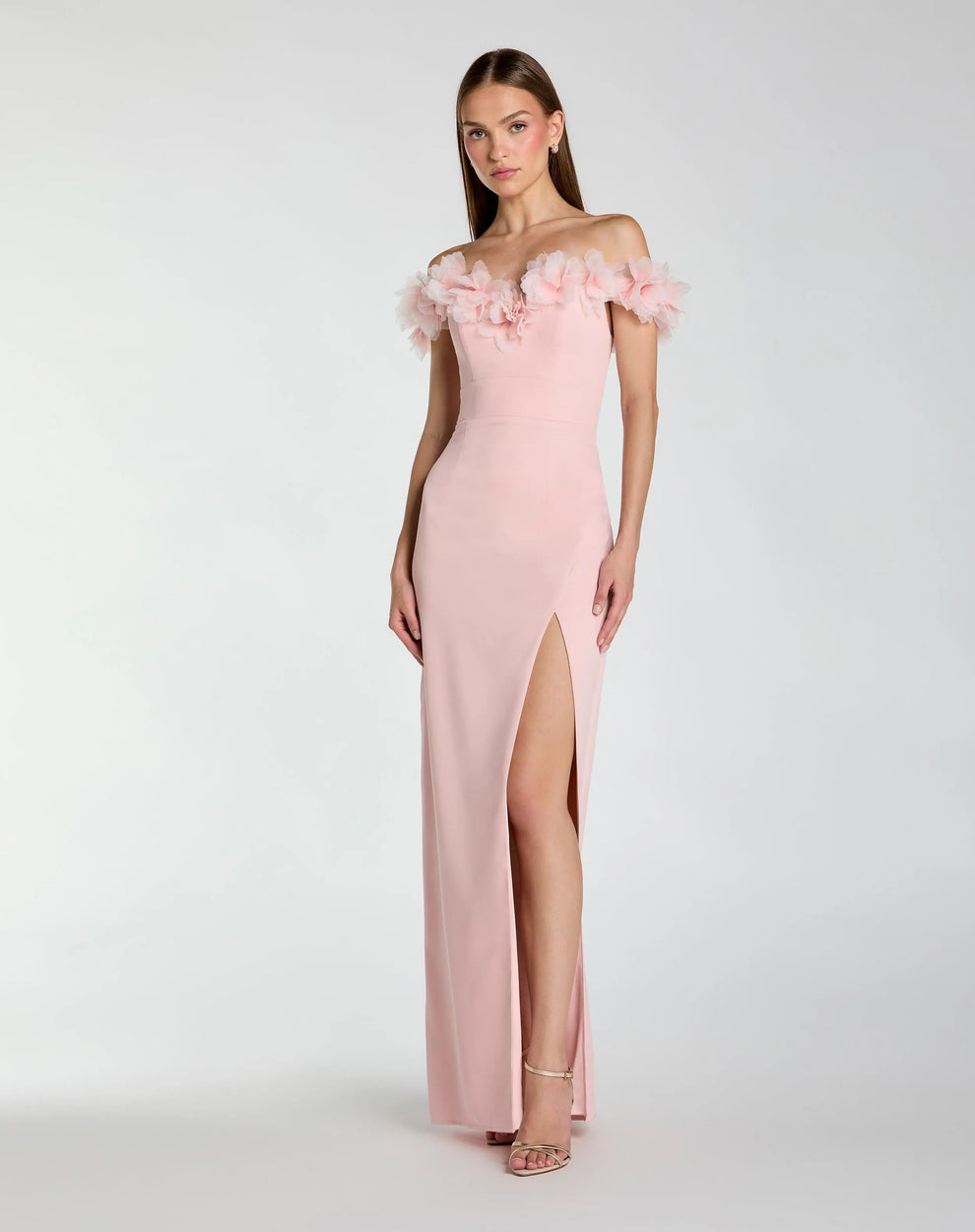 Off-Shoulder Floor-Length Crepe Evening Gown by Mac Duggal 21235 in Dusty Rose