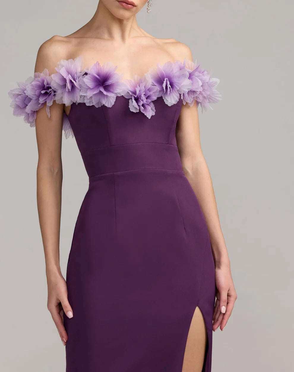 Off-Shoulder Floor-Length Crepe Evening Gown by Mac Duggal 21235 in Plum