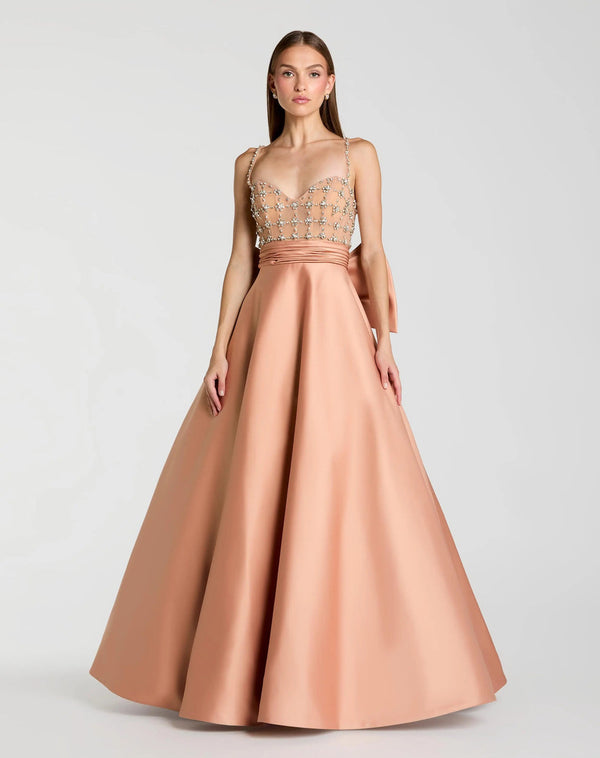 Sweetheart Floor-Length Satin Prom Ball Gown with Rhinestone Bodice and Back Bow Mac Duggal 21242