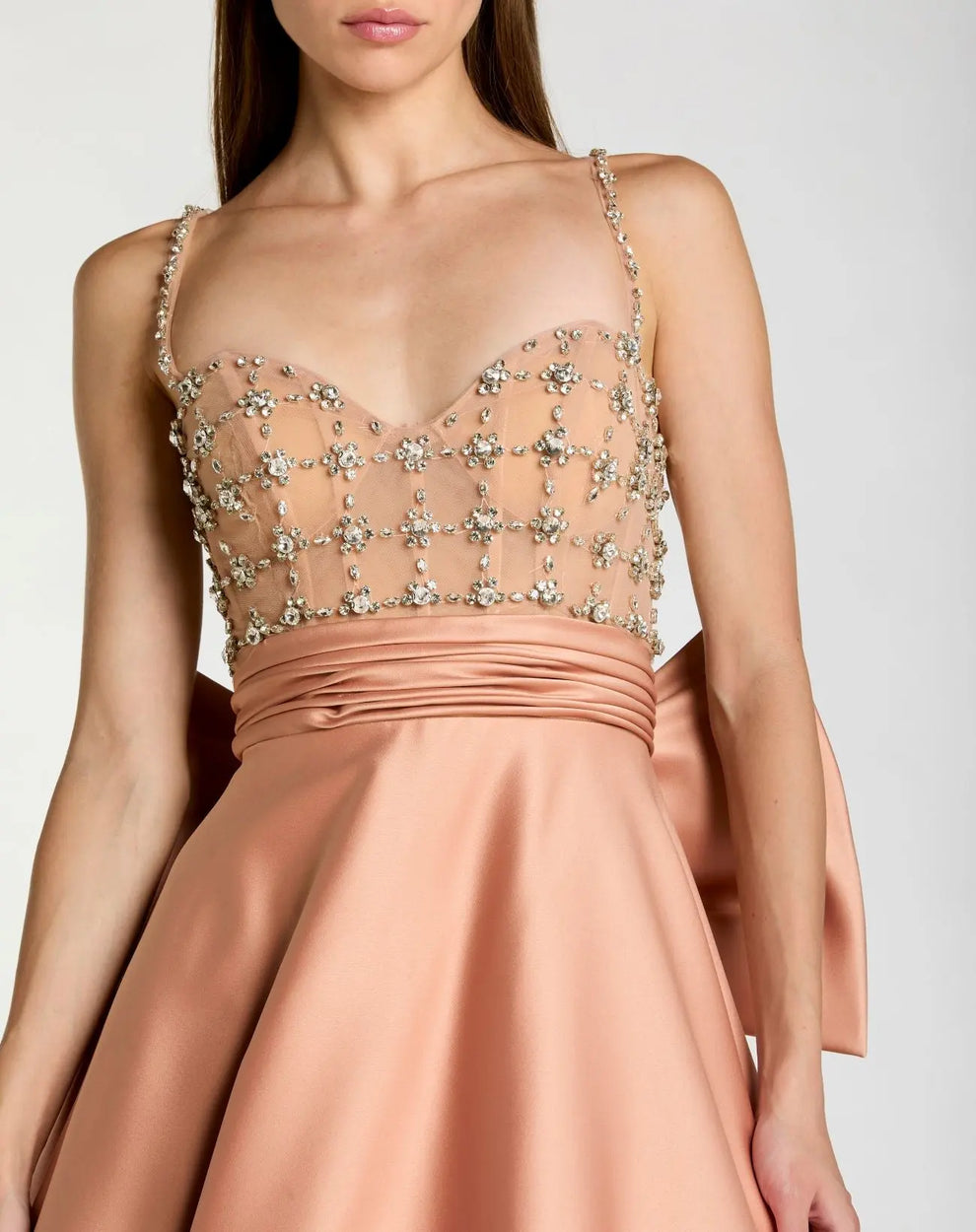 Dusty Rose Sweetheart Floor-Length Satin Prom Ball Gown with Rhinestone Bodice and Back Bow Mac Duggal 21242