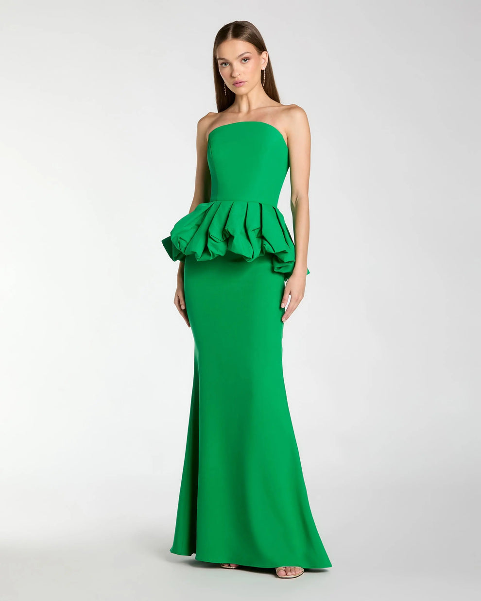 Spring Green Strapless Floor-Length Scuba Formal Gown with Pleated Peplum Mac Duggal 21243