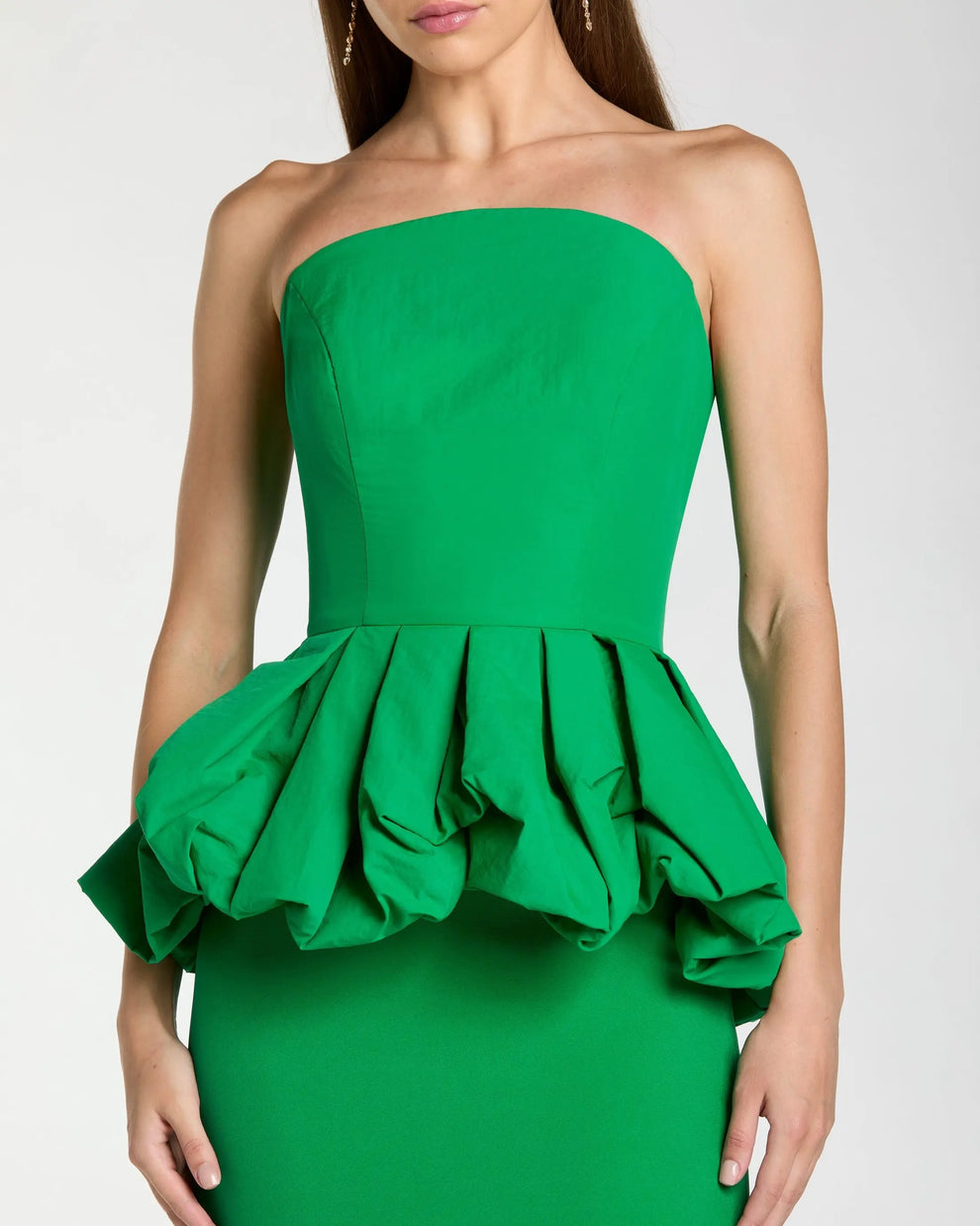 Spring Green Strapless Floor-Length Scuba Formal Gown with Pleated Peplum Mac Duggal 21243