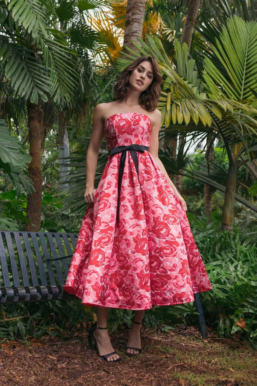 Mac Duggal Brocade Floral Strapless A Line Midi Dress With Satin Bow, Womens, 16, Red Multi