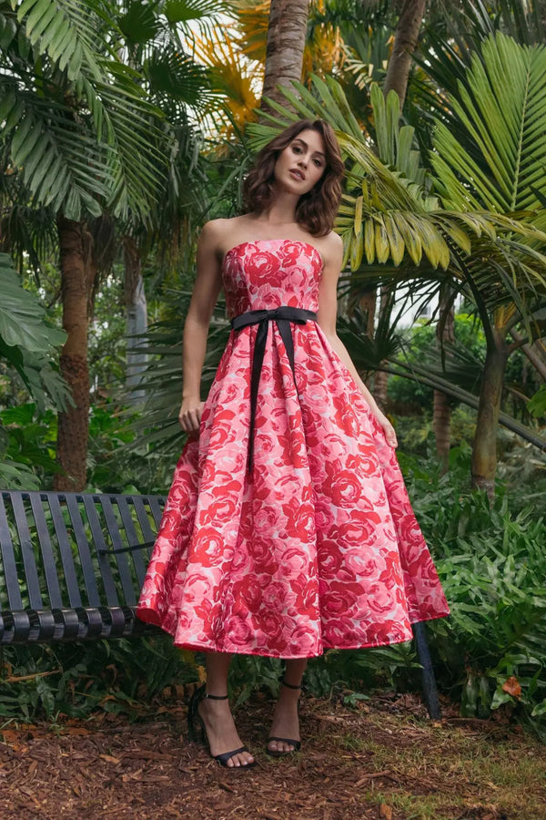 Strapless Tea-Length Floral Jacquard Cocktail Dress with Contrast Waist Bow Mac Duggal 21252