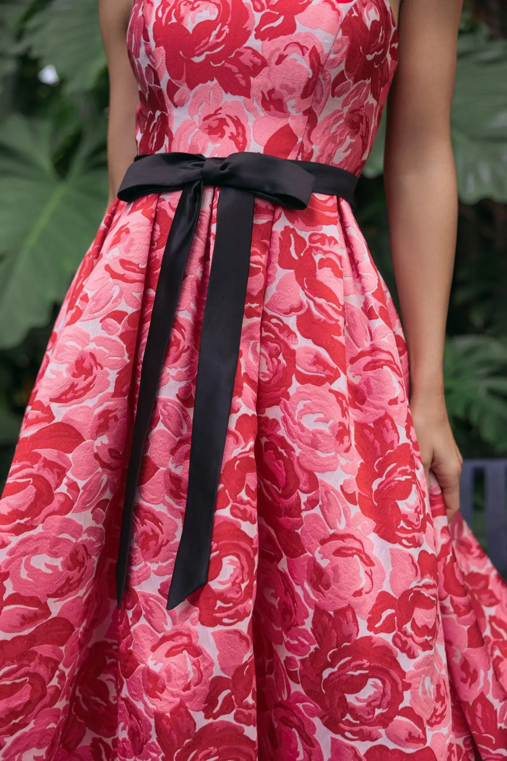 Red Multi Strapless Tea-Length Floral Jacquard Cocktail Dress with Contrast Waist Bow Mac Duggal 21252