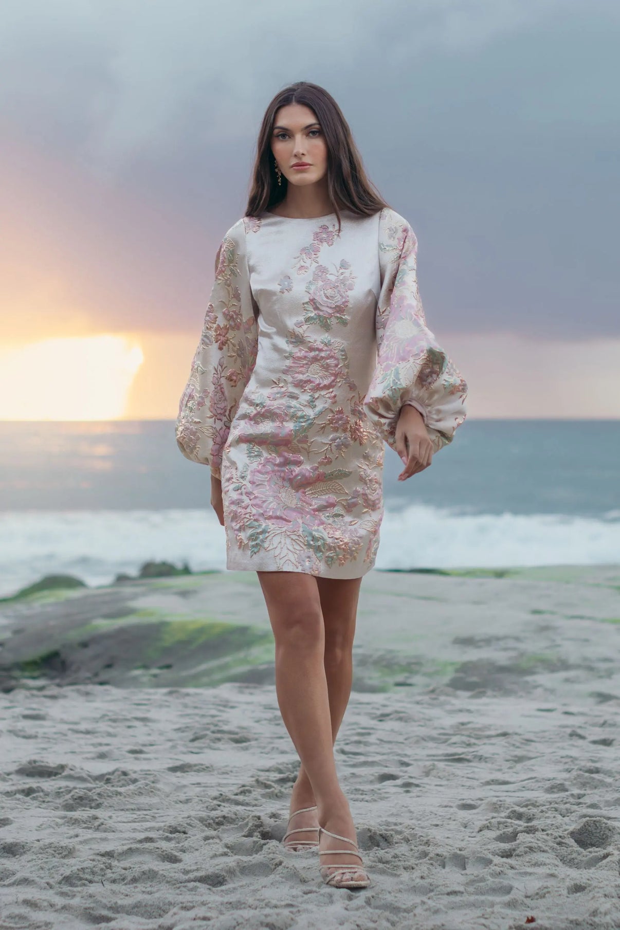 Bateau Short Satin Floral Cocktail Dress by Mac Duggal 21256 in Champagne Multi