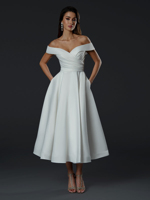 Pleated Tea Length Wedding A Line Dress