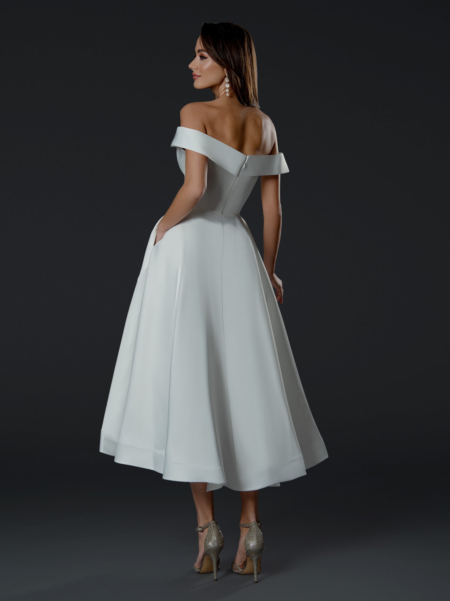 Pleated Tea Length Wedding A Line Dress | The Dress Outlet Bridal