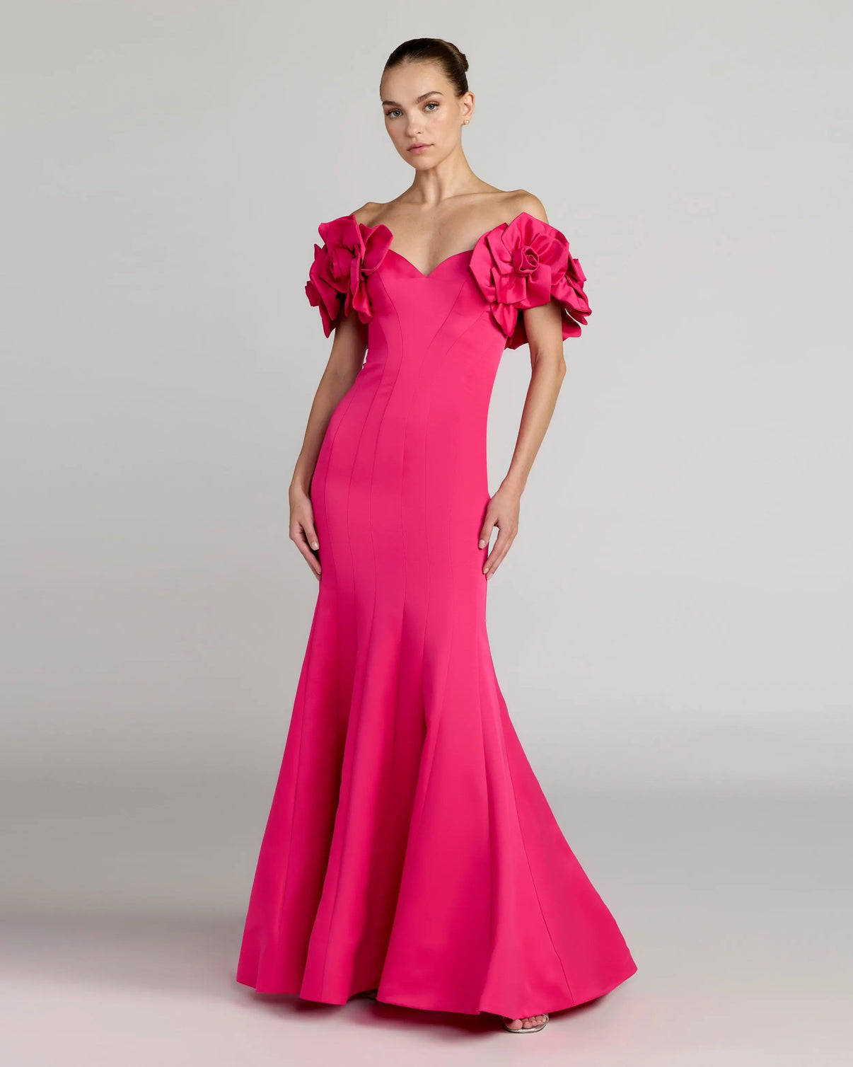 Off-Shoulder Mermaid Satin Evening Gown by Mac Duggal 21263 in Hot Pink