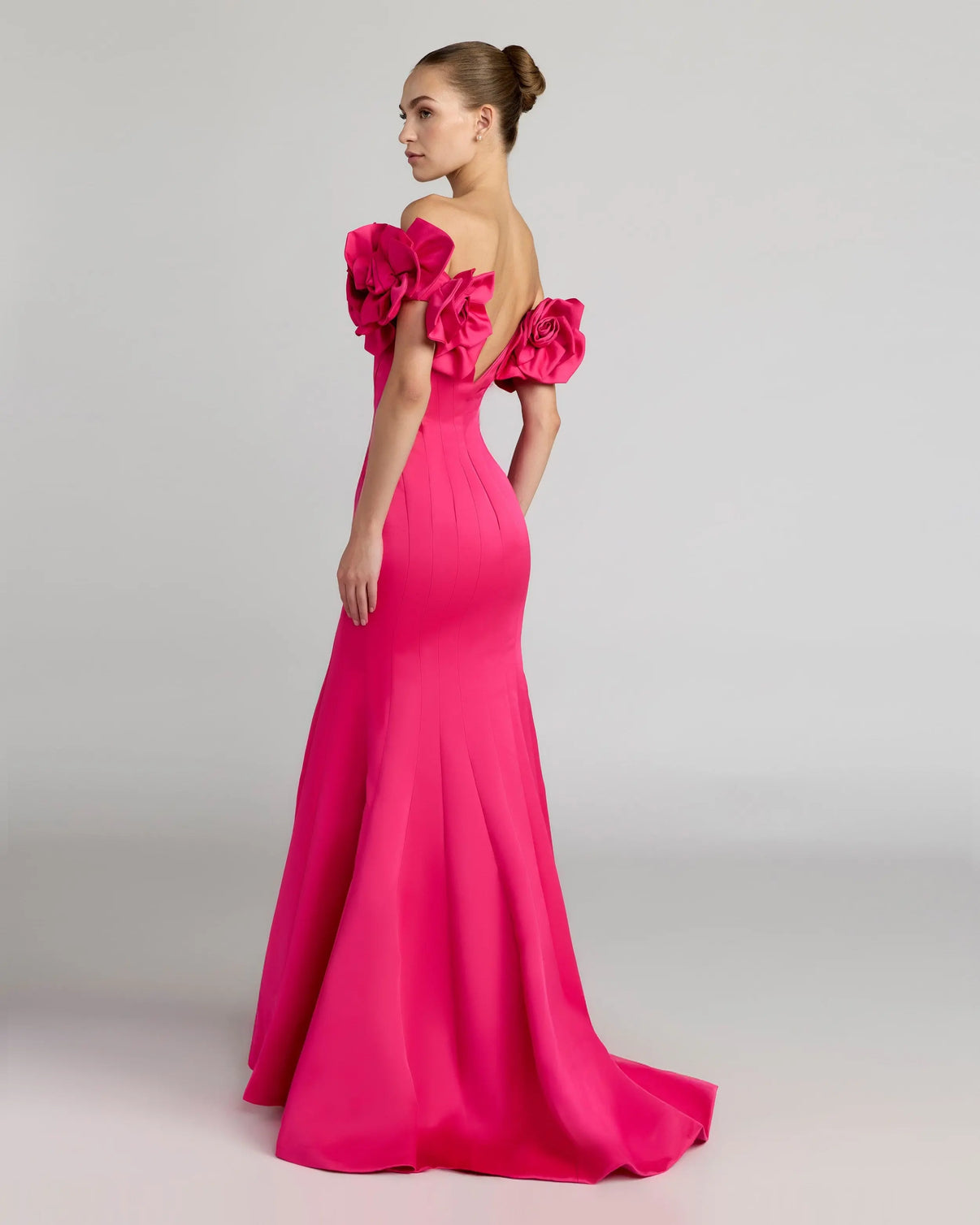 Off-Shoulder Mermaid Satin Evening Gown by Mac Duggal 21263 in Hot Pink