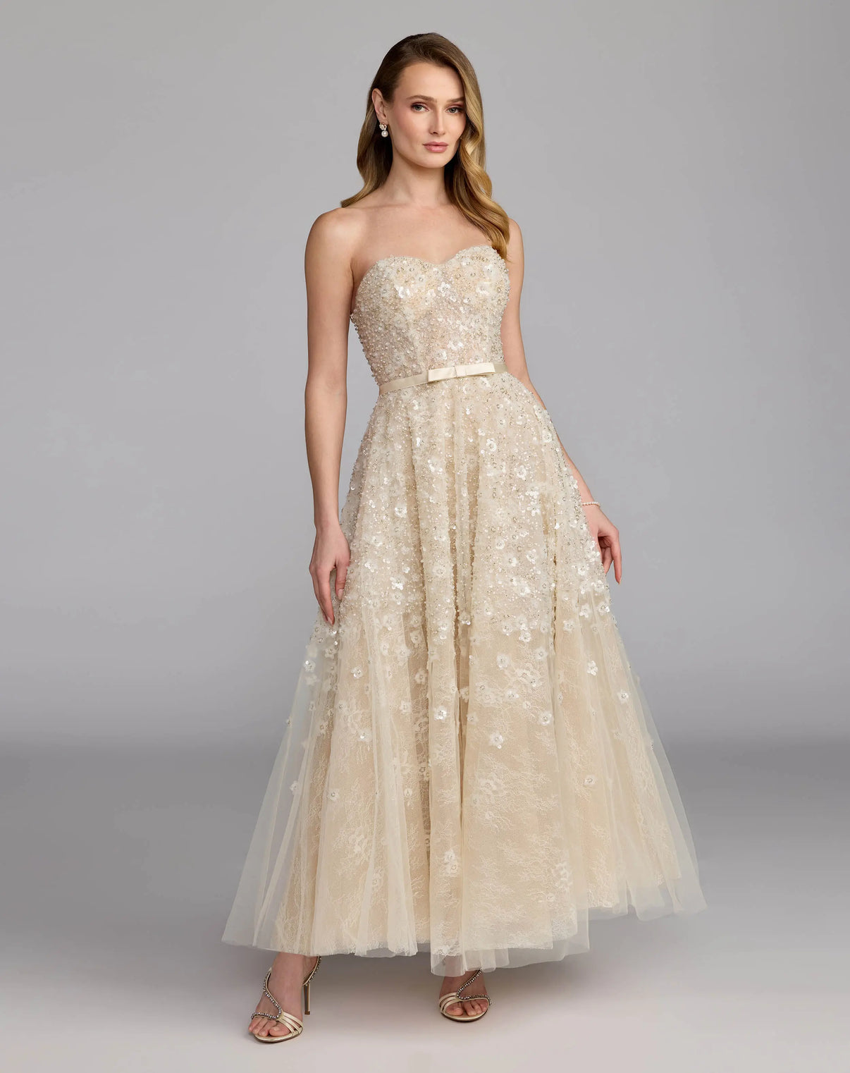 Strapless Tea-Length Sequin Cocktail Dress by Mac Duggal 21286 in Oyster