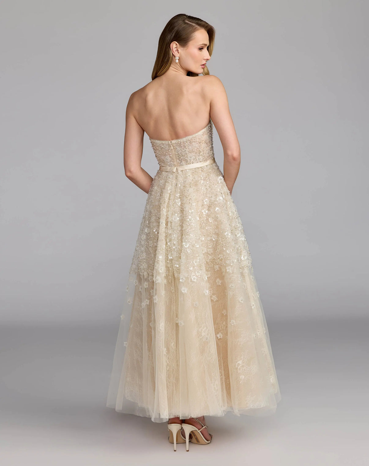 Strapless Tea-Length Sequin Cocktail Dress by Mac Duggal 21286 in Oyster