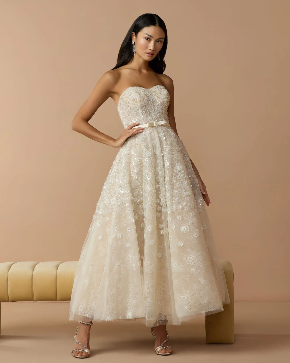 Strapless Tea-Length Sequin Cocktail Dress by Mac Duggal 21286 in Oyster