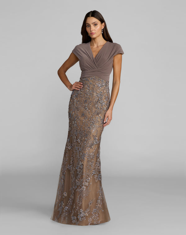 V-Neck Floor-Length Mesh Formal Gown Sheath Dress Mac Duggal 21291