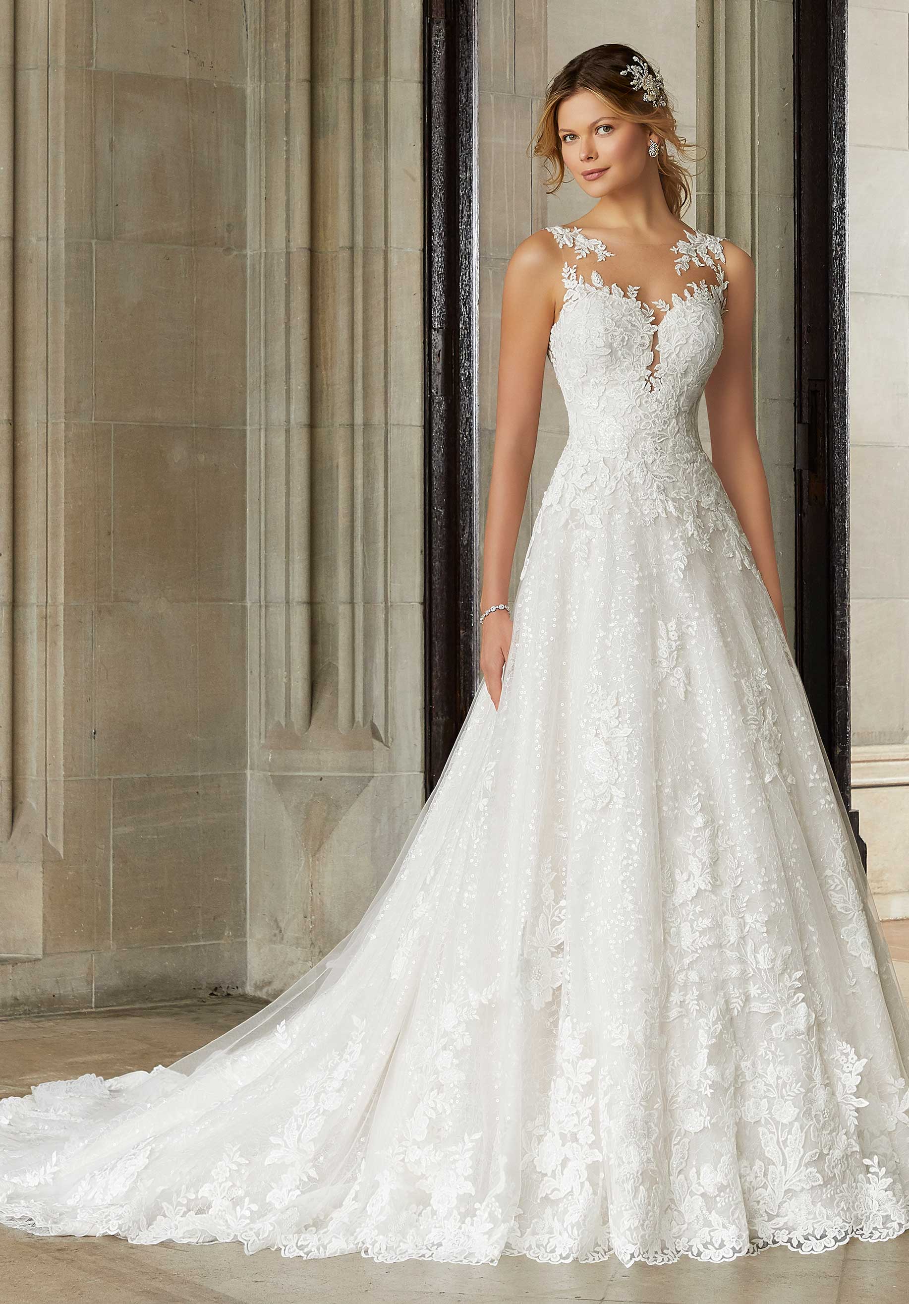 Wedding Dresses Long Bridal Lace A Line Wedding Dress MGNY Madeline Gardner New York 2130 Ivory/Rose