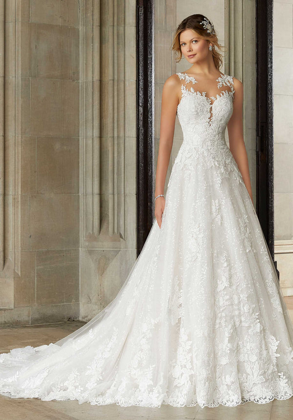 Long Bridal Lace A Line Wedding Dress MGNY Madeline Gardner New York 2130