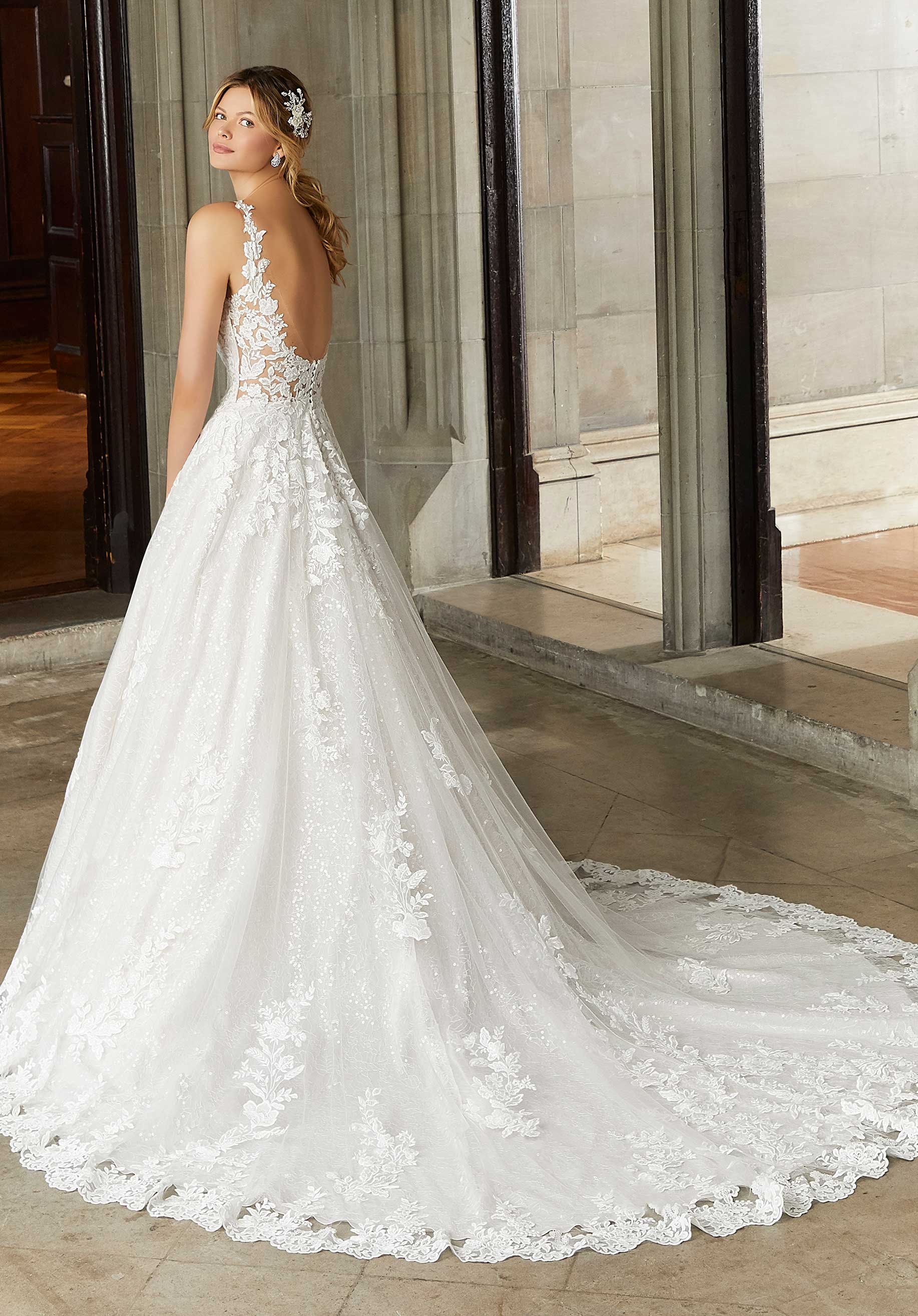 Wedding Dresses Long Bridal Lace A Line Wedding Dress MGNY Madeline Gardner New York 2130 Ivory/Rose