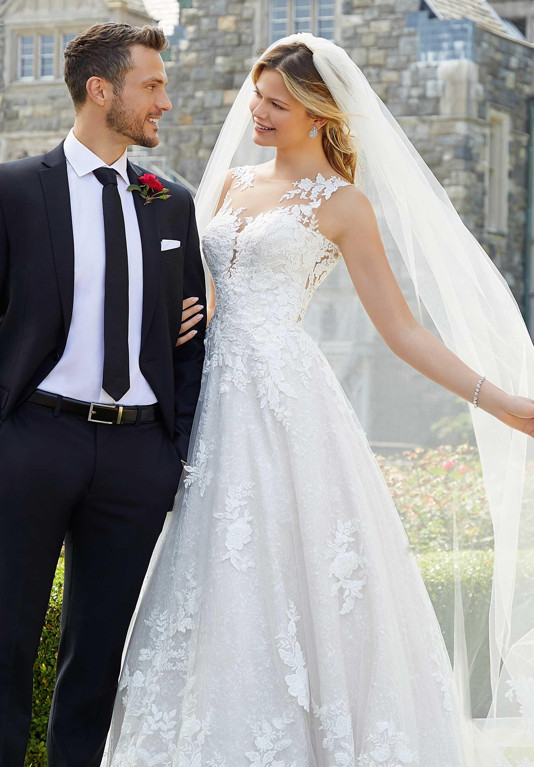 Wedding Dresses Long Bridal Lace A Line Wedding Dress MGNY Madeline Gardner New York 2130 Ivory/Rose