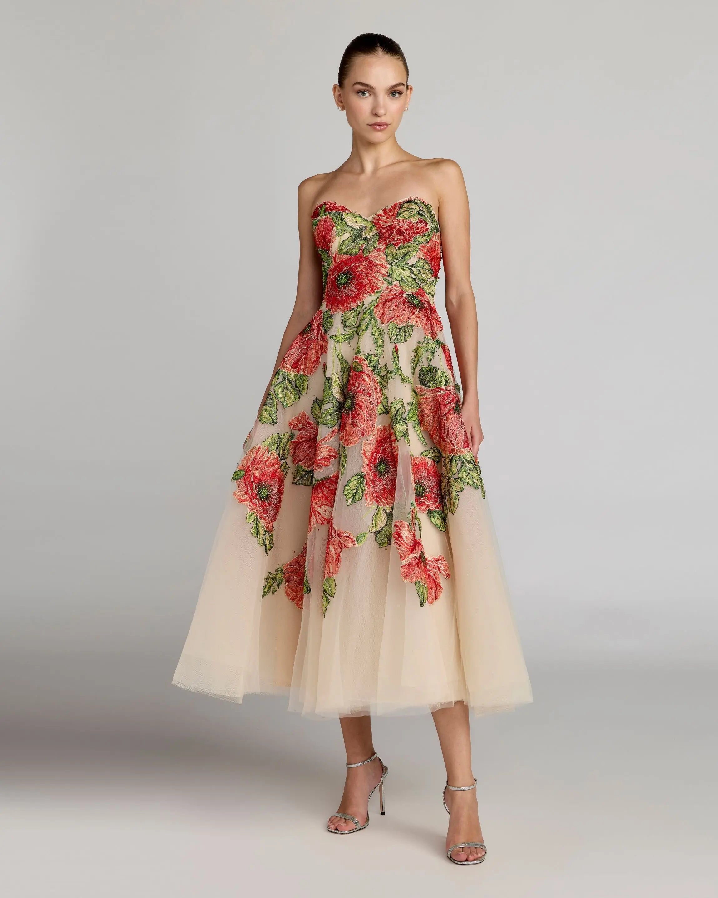 Dusty Rose Sweetheart Tea-Length Tulle Garden Cocktail Dress with Floral Embroidery Mac Duggal 21300
