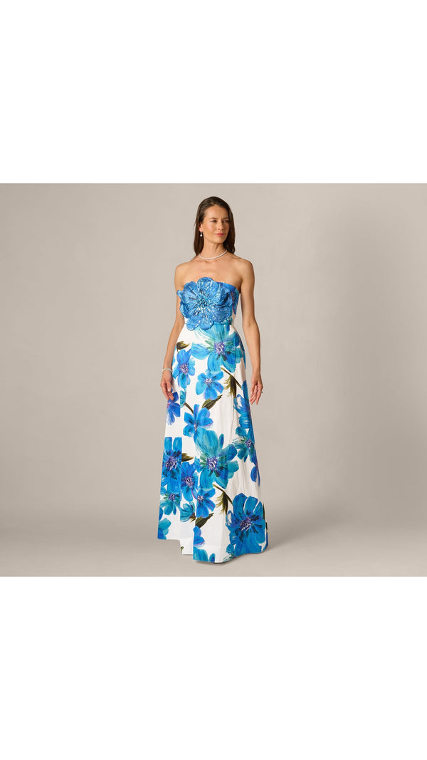 Adrianna Papell Strapless 3D Floral Beaded Dupioni Gown 213025