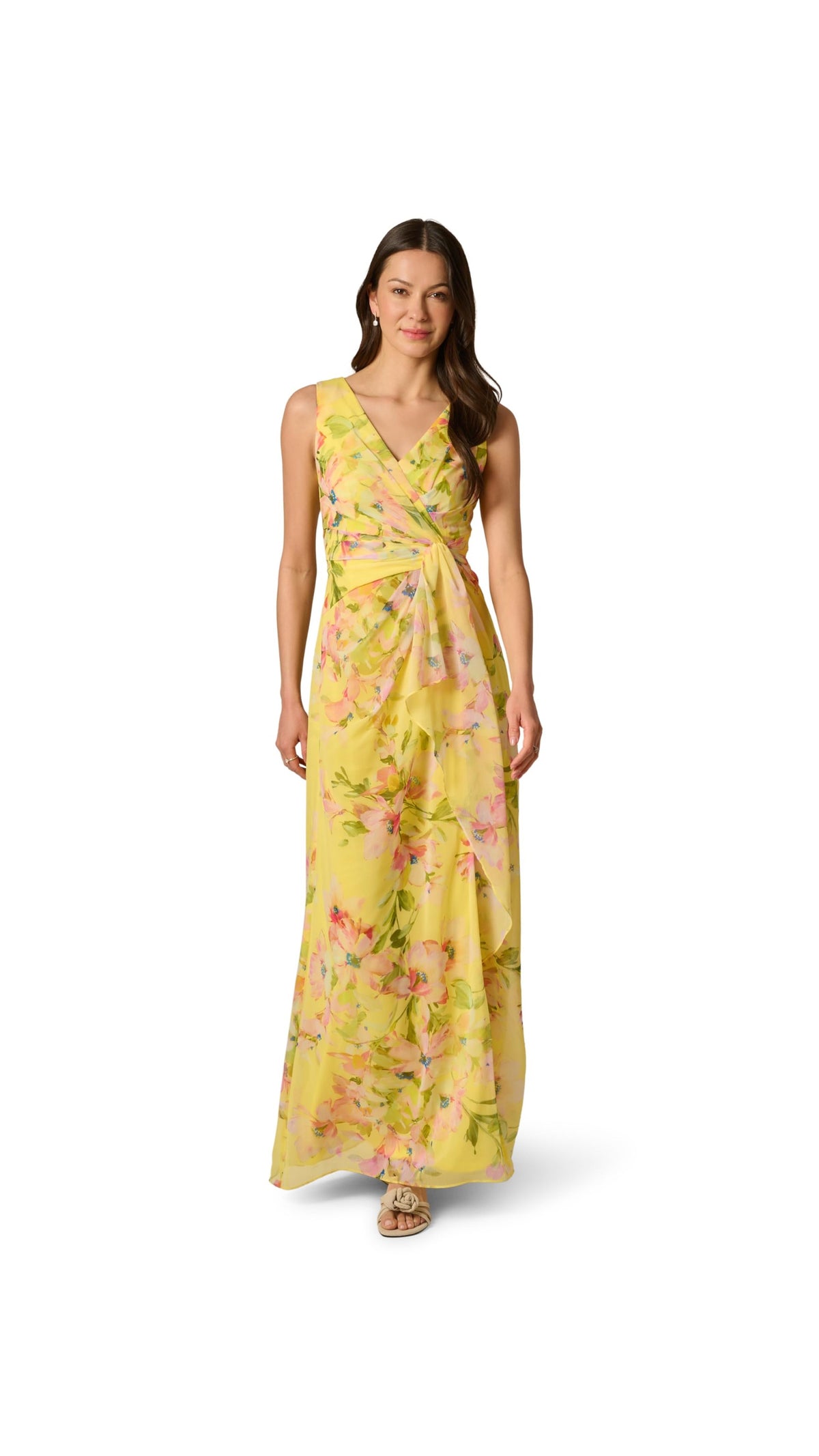 Adrianna Papell Floral Chiffon Draped Surplice Gown 213041