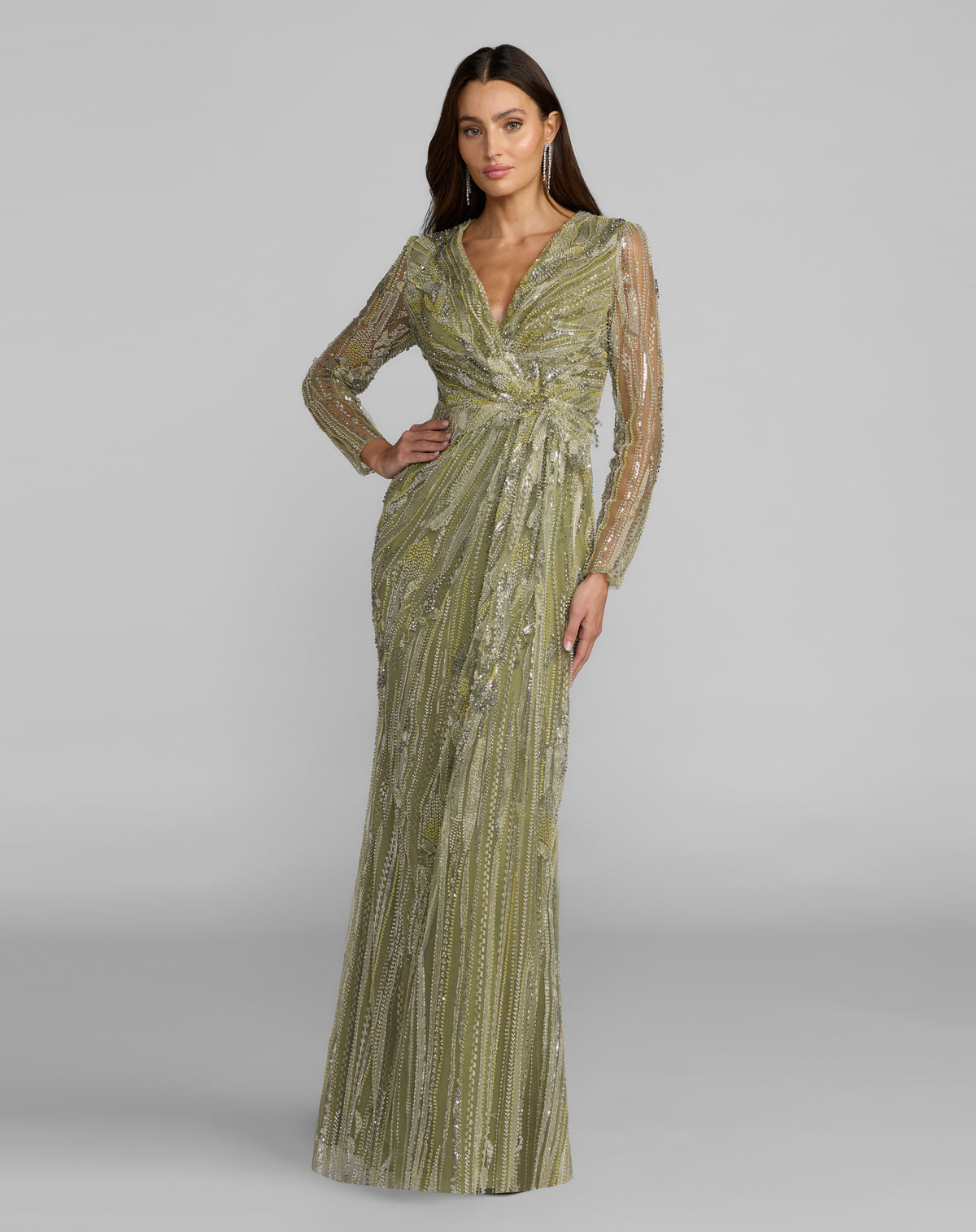 Pistachio V-Neck Floor-Length Mesh Formal Gown Sheath Dress Mac Duggal 21306