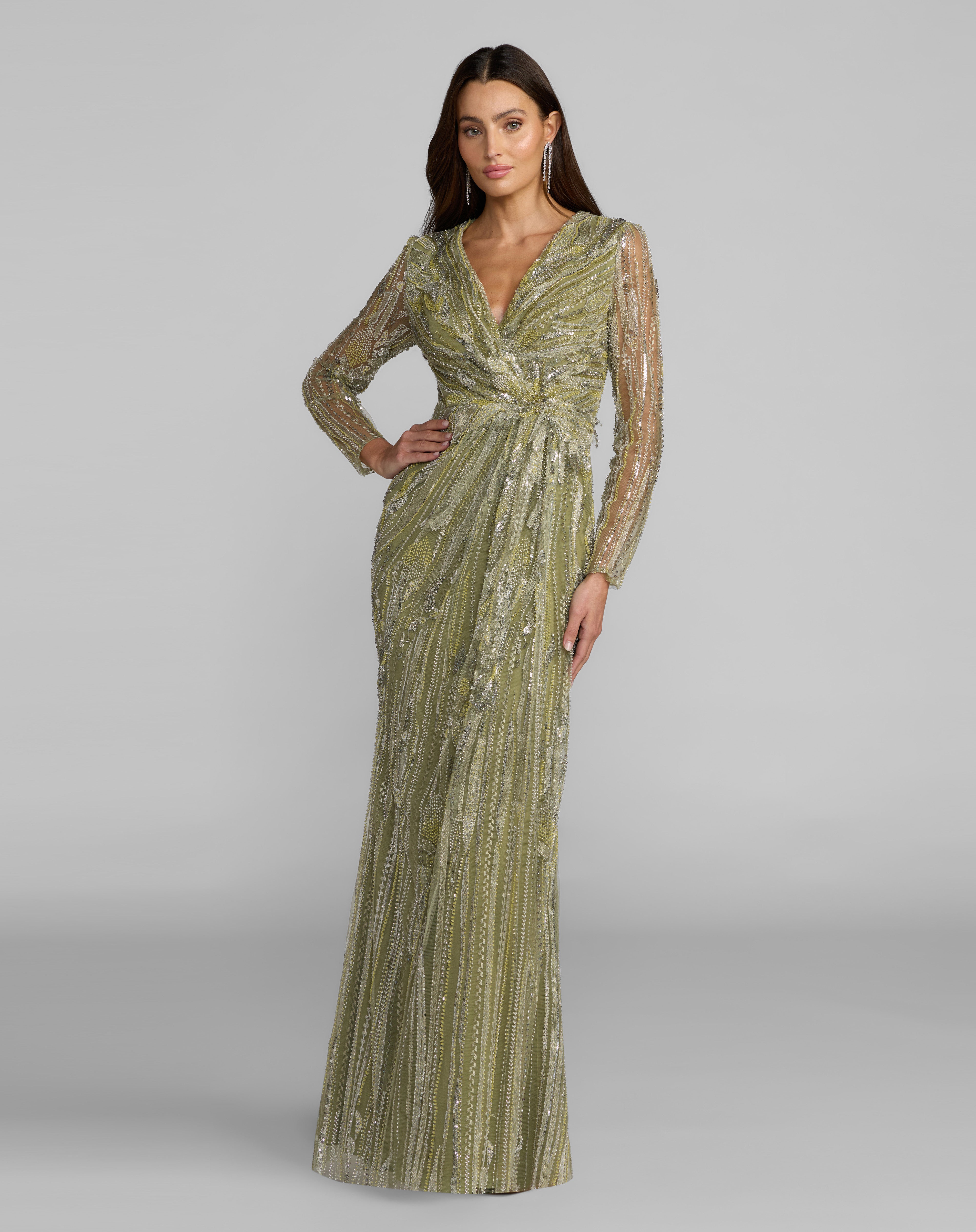 Pistachio V-Neck Floor-Length Mesh Formal Gown Sheath Dress Mac Duggal 21306