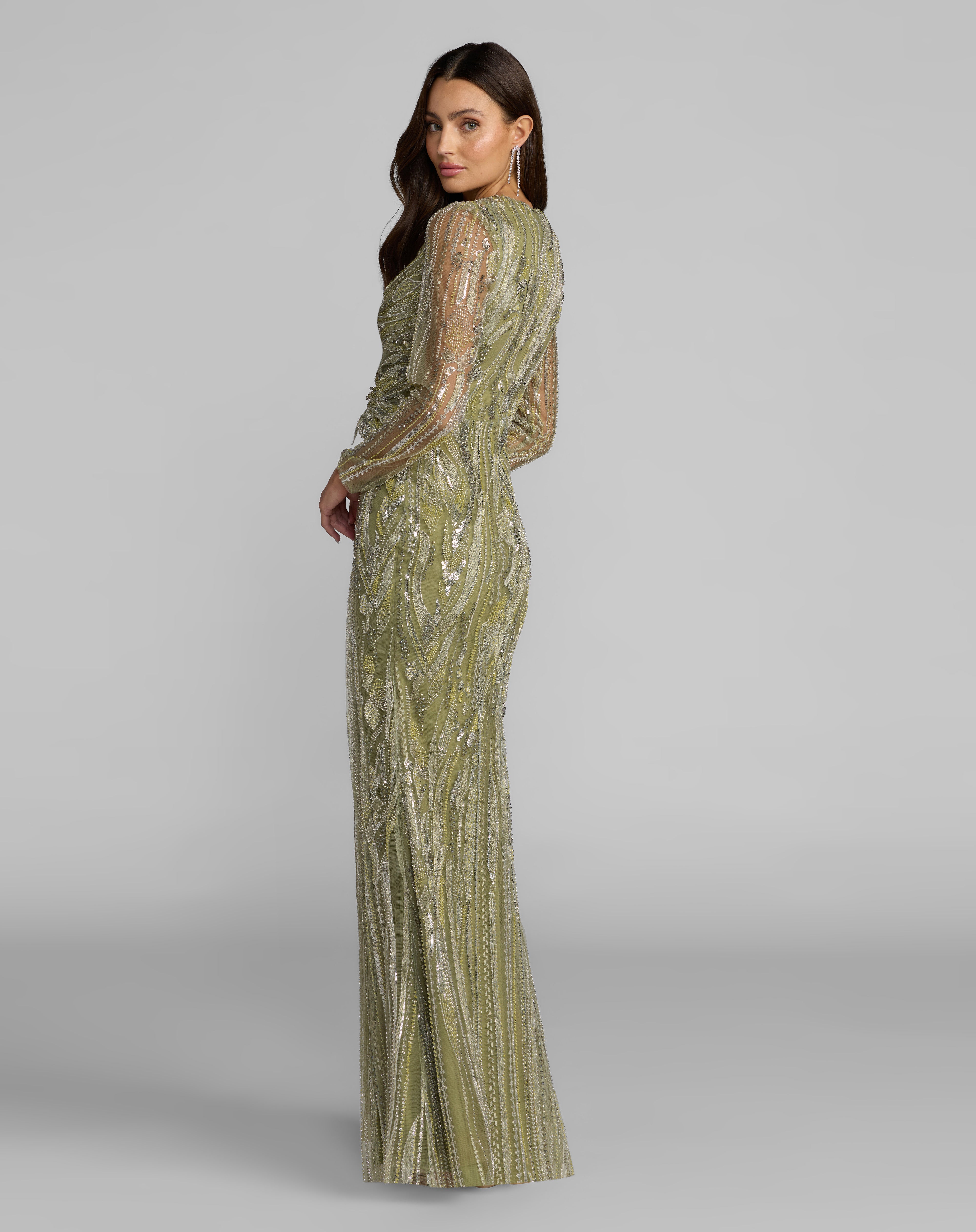 Pistachio V-Neck Floor-Length Mesh Formal Gown Sheath Dress Mac Duggal 21306