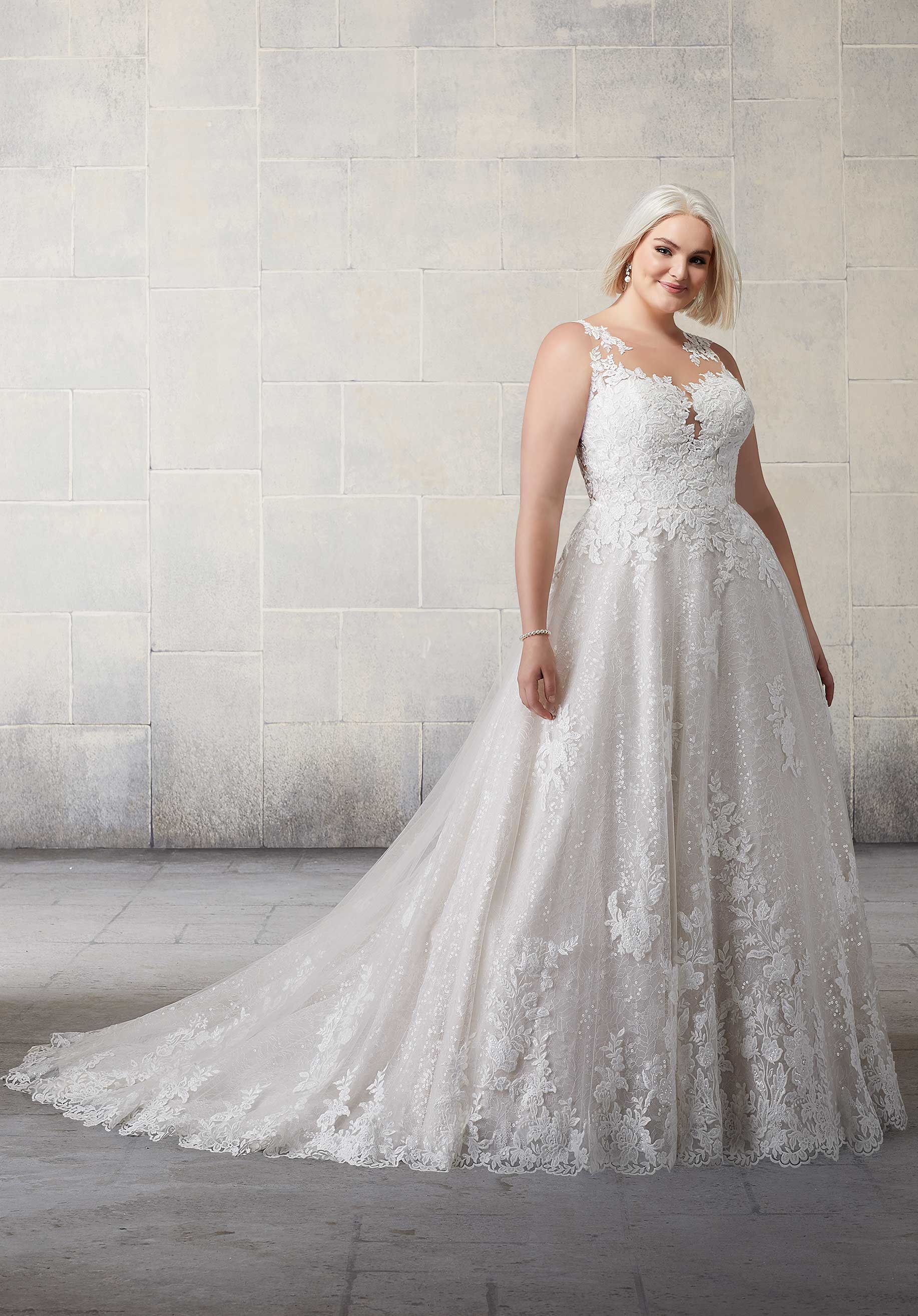 Wedding Dresses Long Bridal Lace A Line Wedding Dress MGNY Madeline Gardner New York 2130 Ivory/Rose