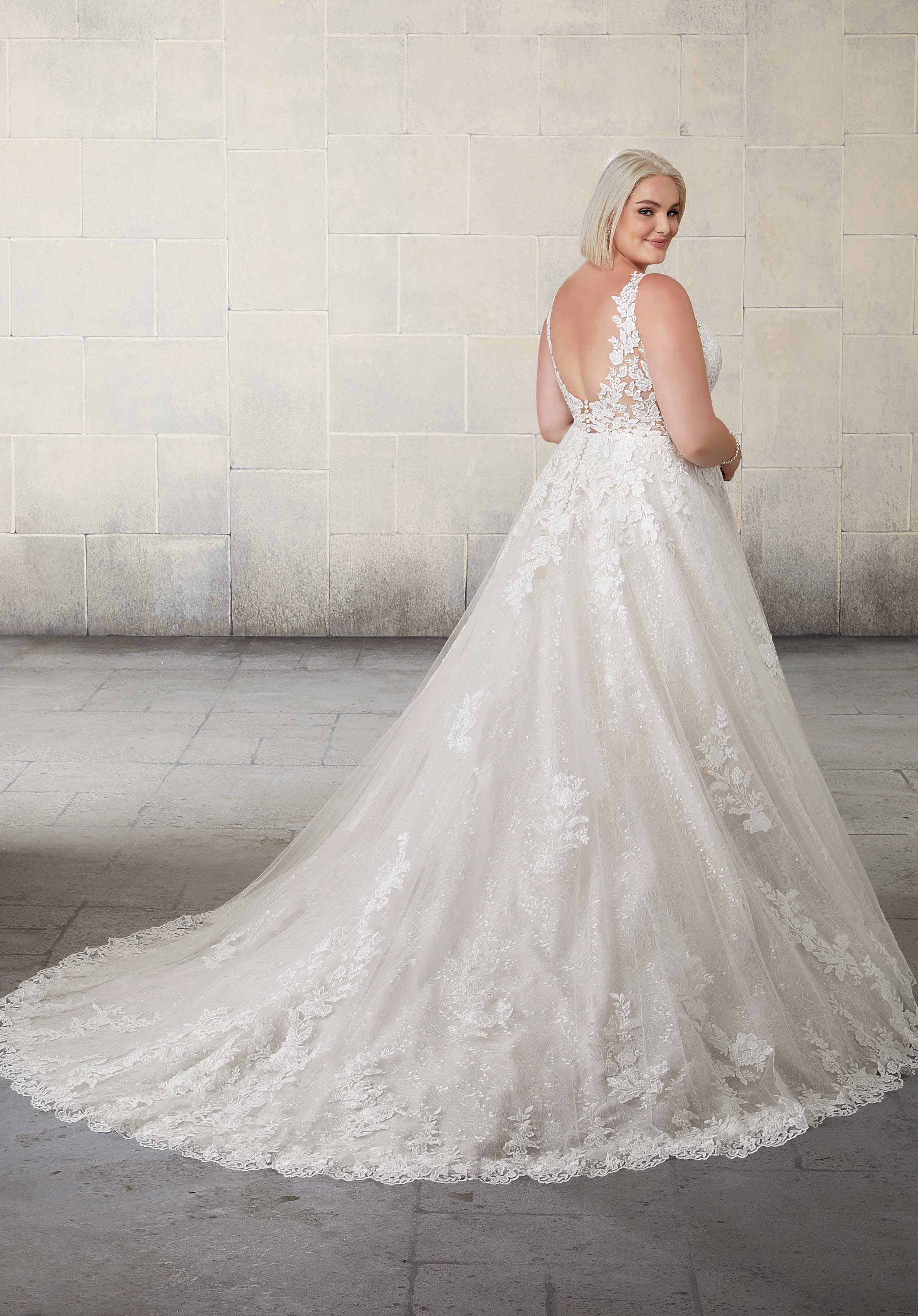 Wedding Dresses Long Bridal Lace A Line Wedding Dress MGNY Madeline Gardner New York 2130 Ivory/Rose
