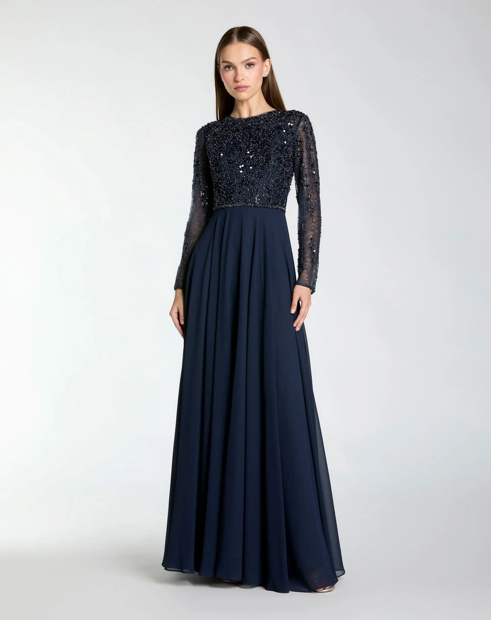 Midnight Crew Neck Floor-Length Chiffon Formal Dress Beaded Bodice A-Line Gown Mac Duggal 21316