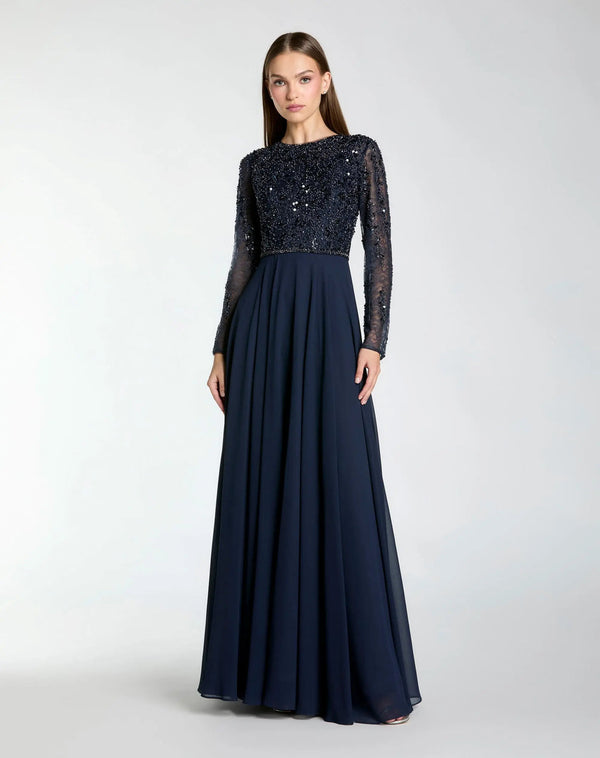 Crew Neck Floor-Length Chiffon Formal Dress Beaded Bodice A-Line Gown Mac Duggal 21316