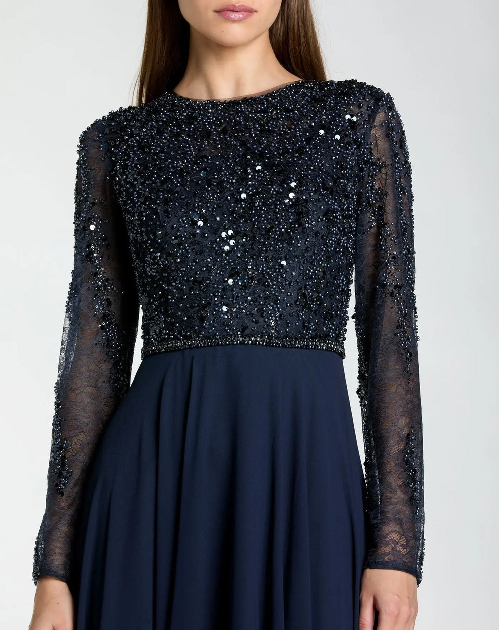 Midnight Crew Neck Floor-Length Chiffon Formal Dress Beaded Bodice A-Line Gown Mac Duggal 21316
