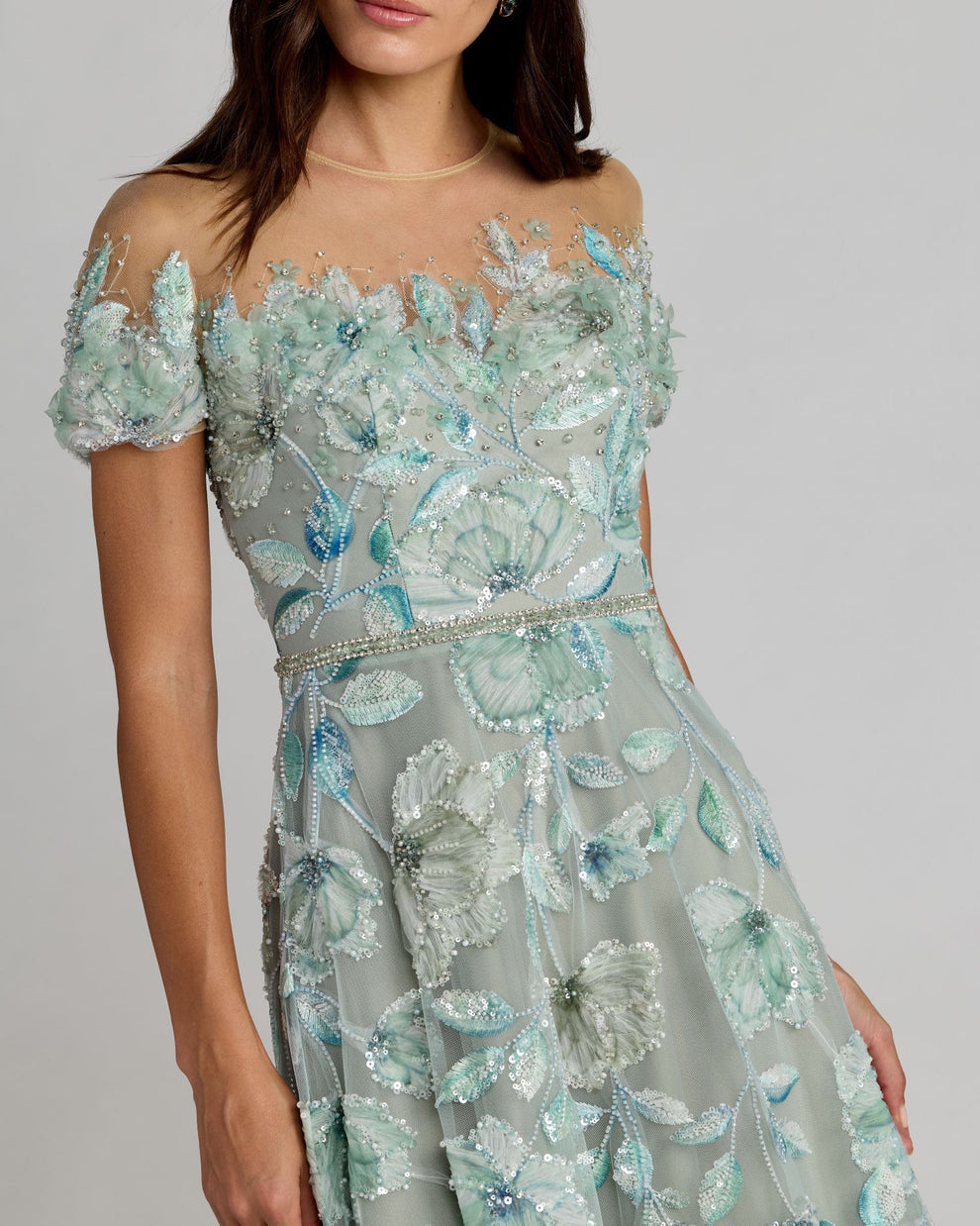Sage Multi Illusion Neck Floor-Length Embroidered Mother of the Bride Dress with Cap Sleeves Mac Duggal 21339