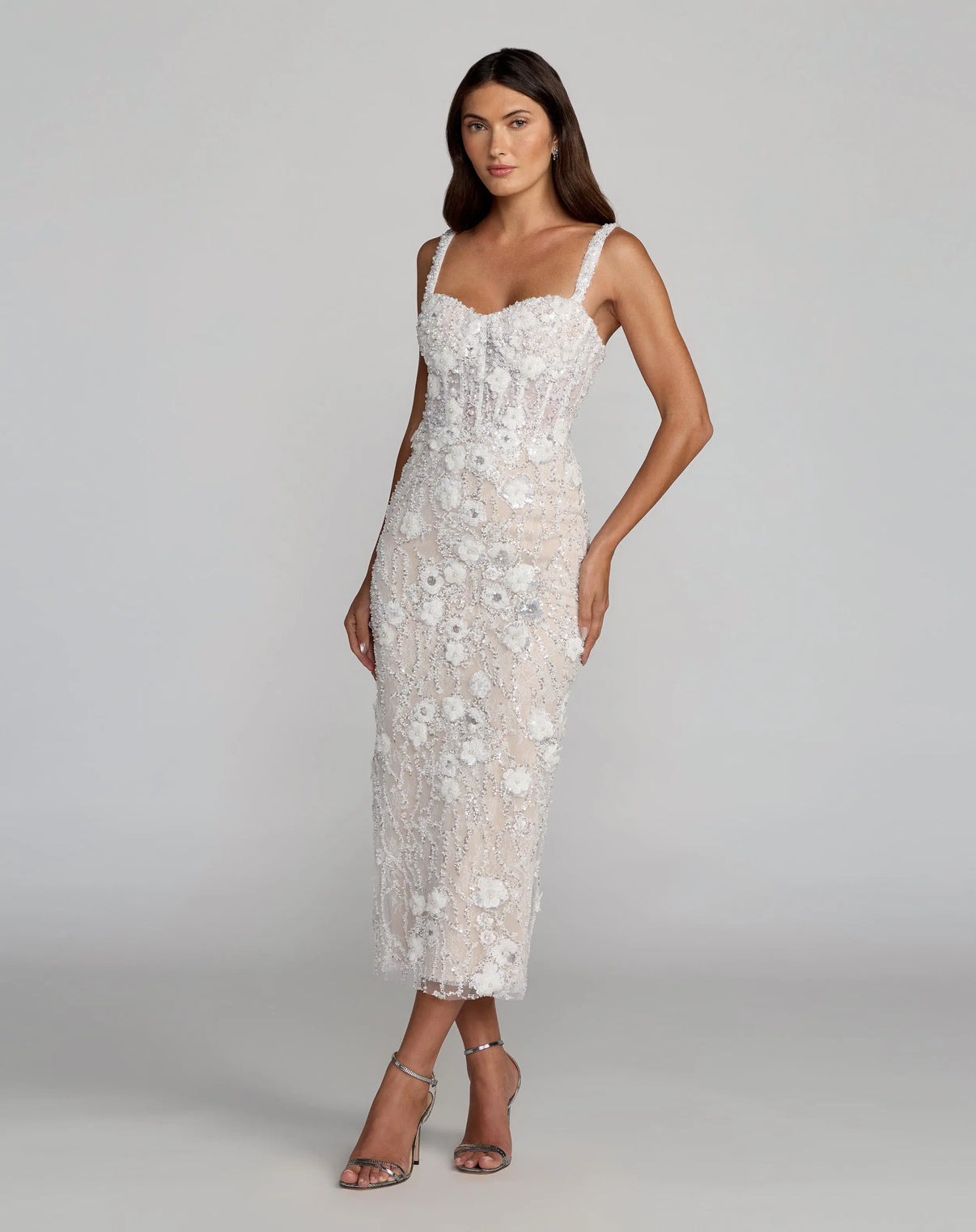 Sweetheart Tea-Length Beaded Wedding Dress by Mac Duggal 21347 in Ivory Nude